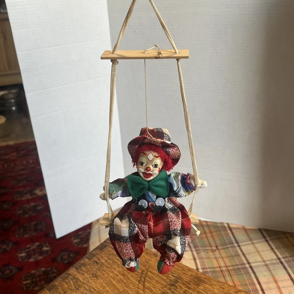 Vintage Ashley Belle Clown Boy Doll on Wooden Swing Porcelain Face Collectible